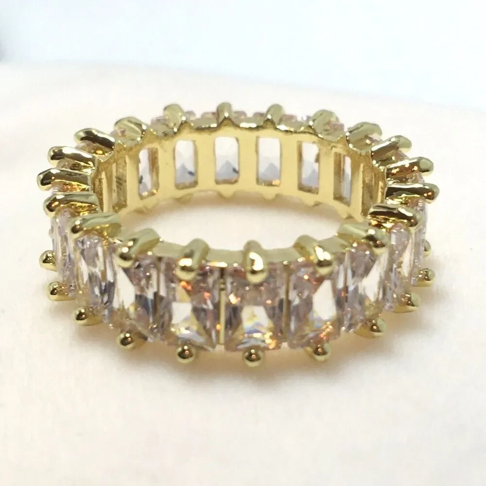 Yellow Gold Plated Eternity Ring Size 6.5 Wide Band Cubic Zirconia Baguettes